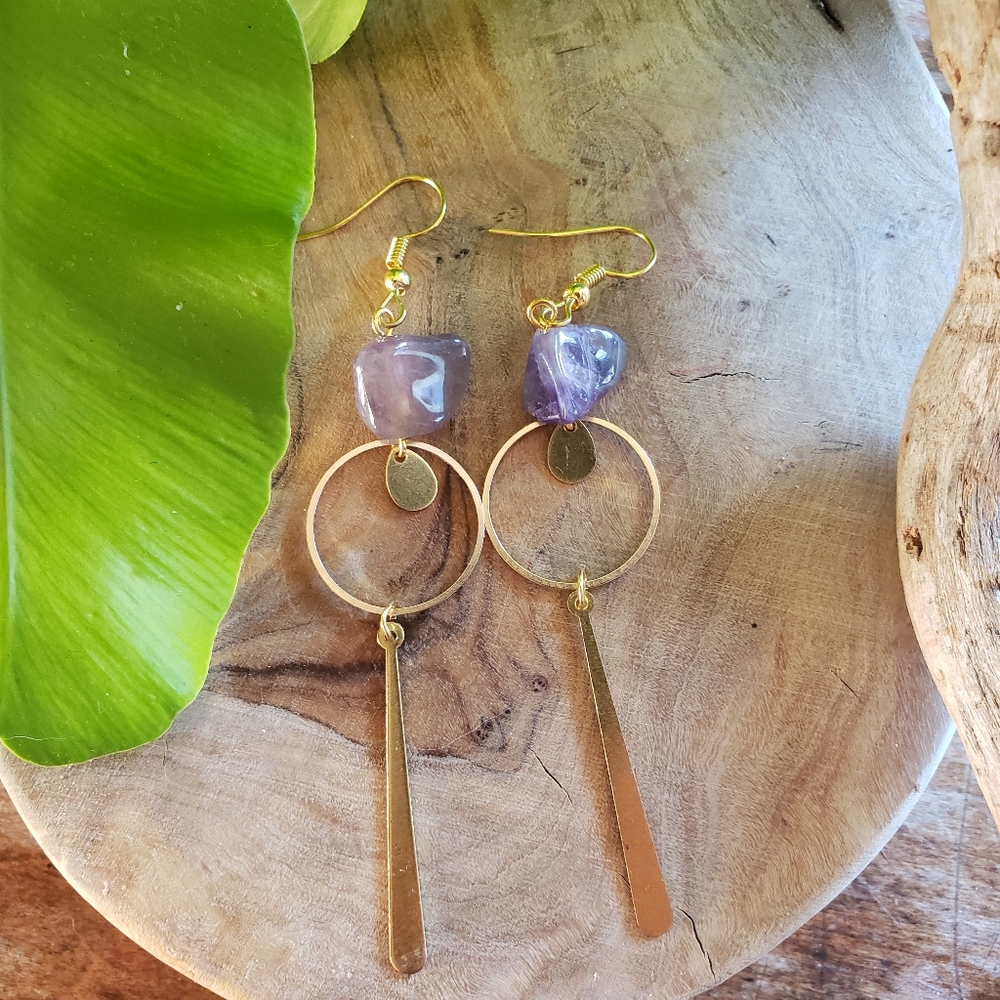 Boho Chic Geometric Raw Bass Earrings with Purple Amethyst Stones - Picture 2 of 5